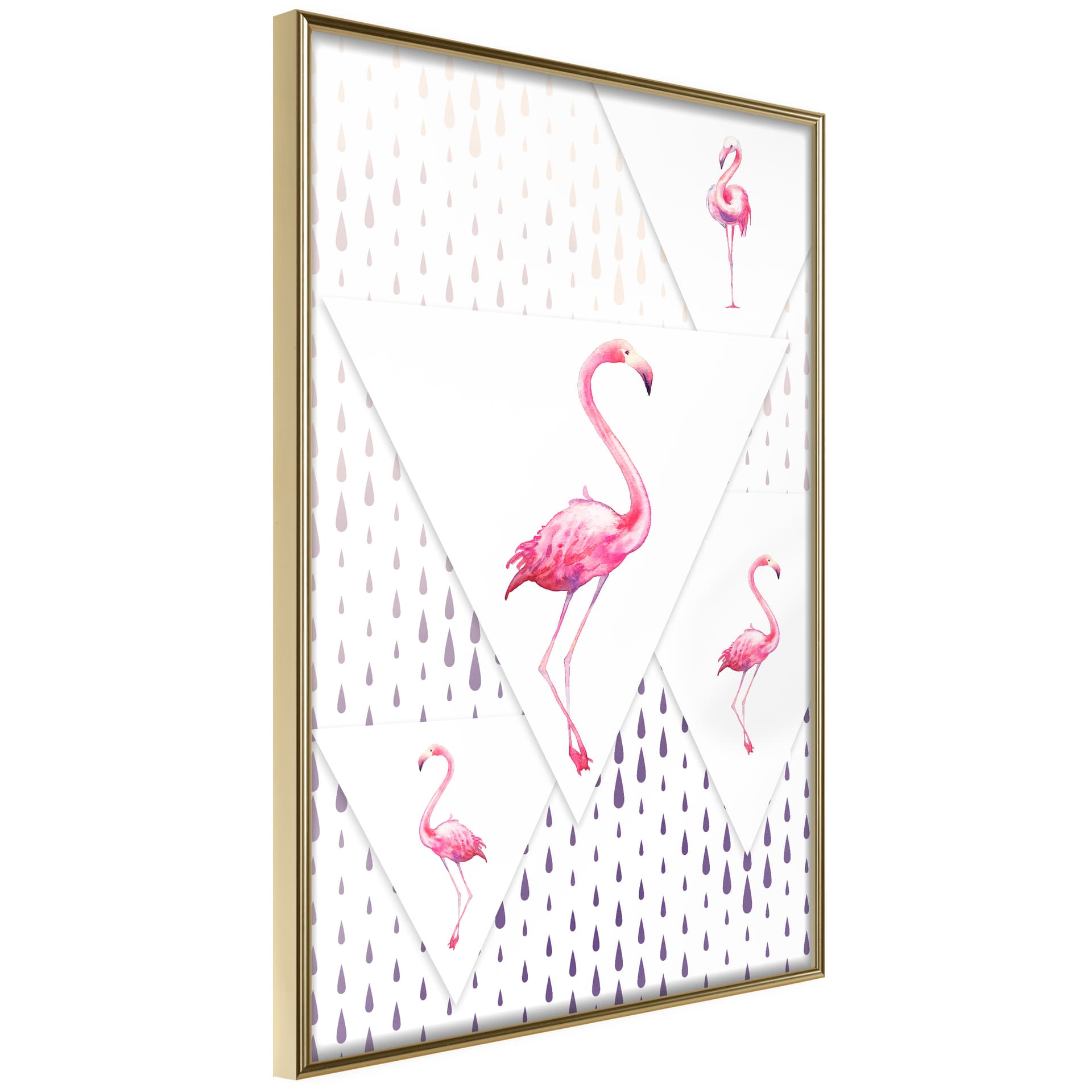 Plakat - Flamingi i trójkąty (rozmiar 40x60, wykończenie Rama złota z passe-partout)