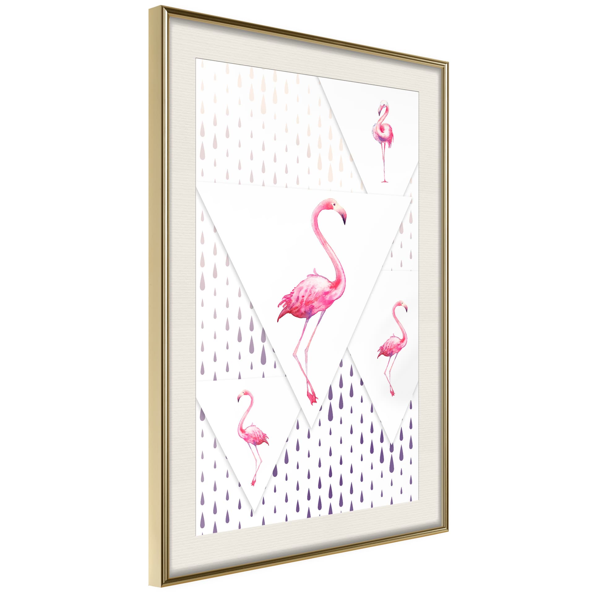 Plakat - Flamingi i trójkąty (rozmiar 40x60, wykończenie Rama złota z passe-partout)