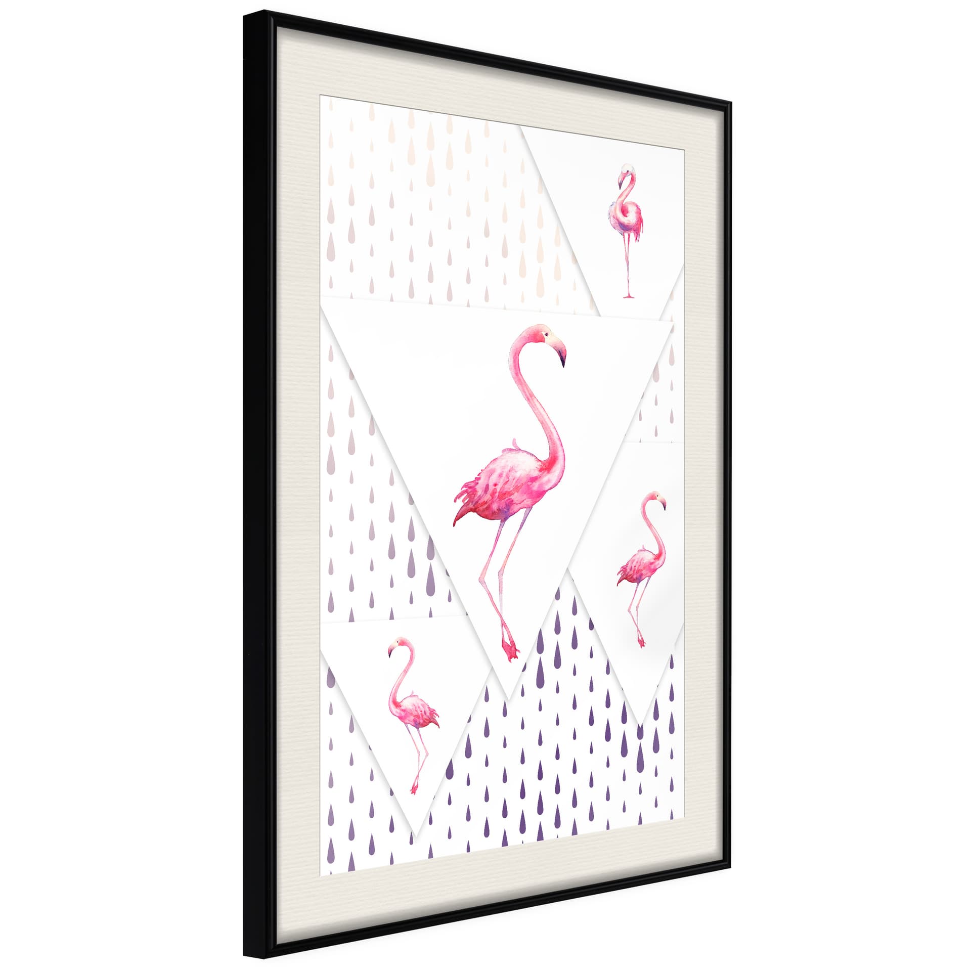 Plakat - Flamingi i trójkąty (rozmiar 40x60, wykończenie Rama złota z passe-partout)