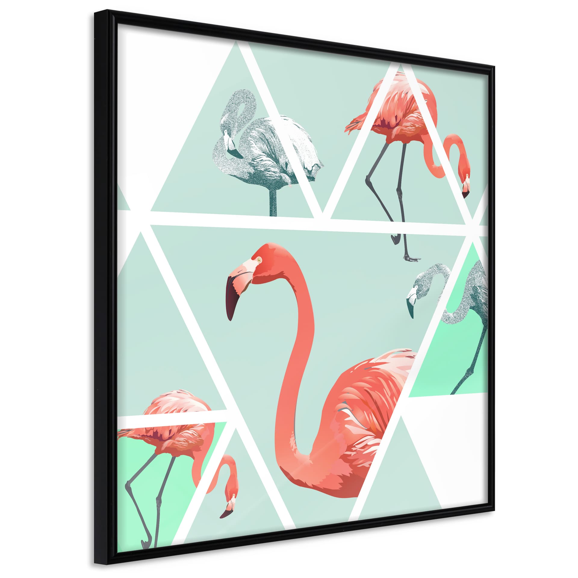Plakat - Tropikalna mozaika z flamingami (kwadratowy) (rozmiar 50x50, wykończenie Rama złota z passe-partout)