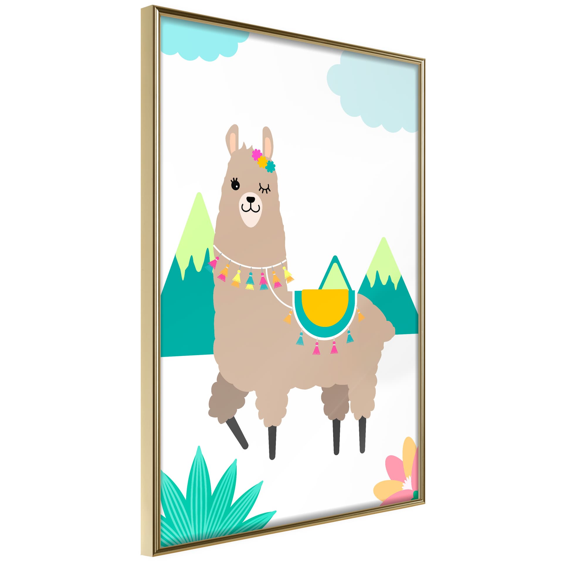 Plakat - Rozbrykana lama (rozmiar 40x60, wykończenie Rama złota z passe-partout)