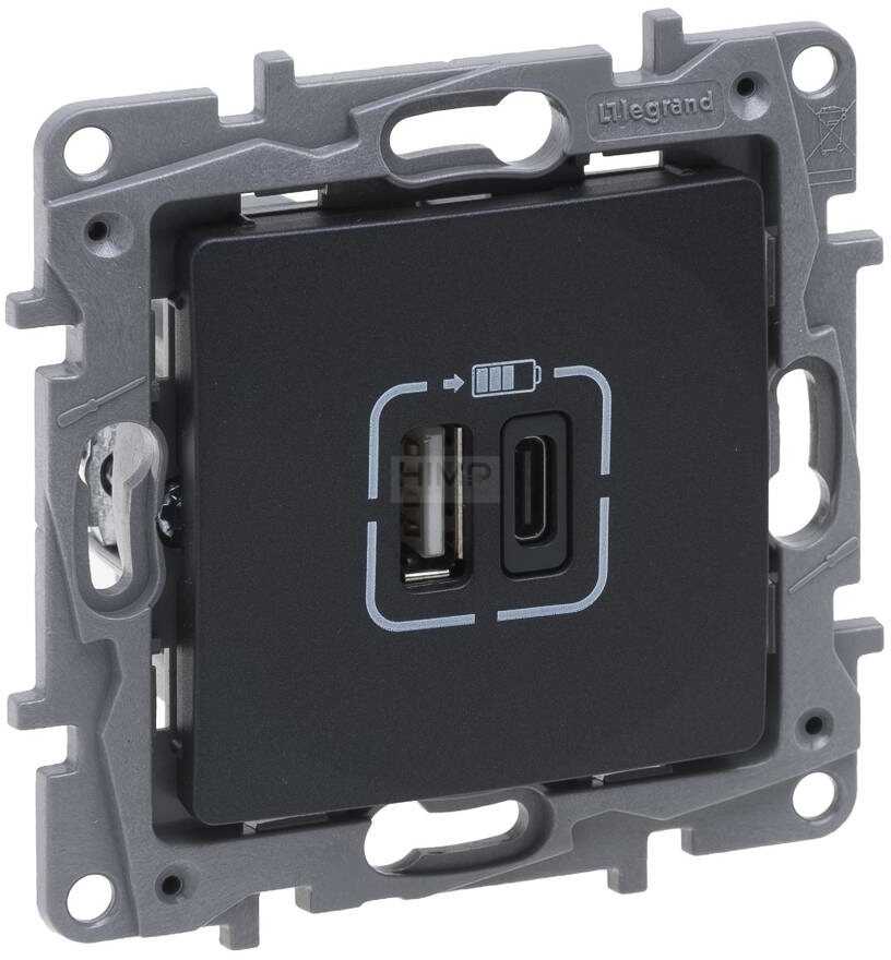 Legrand Gniazdo podwójne USB Niloe Selection 762297 typ A+C 3 A antracyt