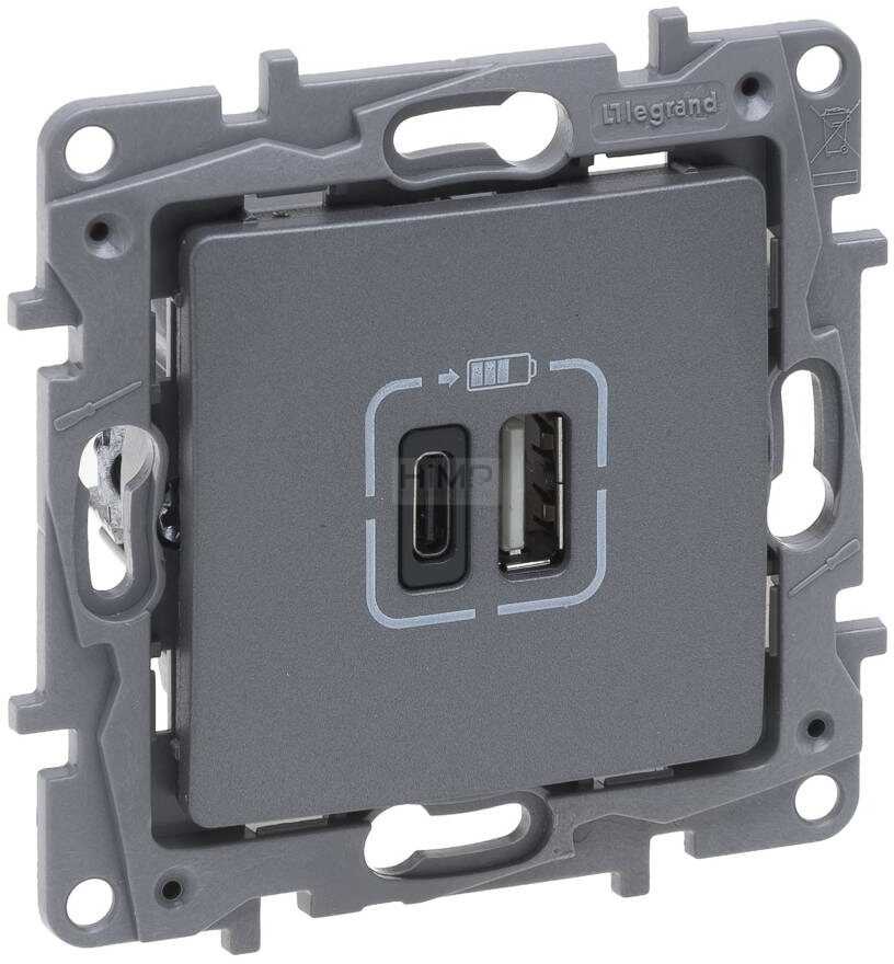 Legrand Gniazdo podwójne USB Niloe Selection 762397 typ A+C 3 A stal