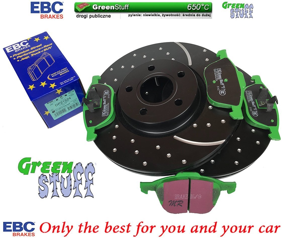 Przednie klocki GreenStuff + NAWIERCANE NACINANE tarcze hamulcowe 300mm EBC seria GD Ford Kuga FWD 2013-2019