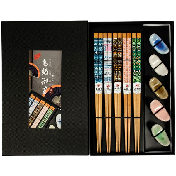Zestaw drewnianych pałeczek z podstawkami Gift Box 5 Wzorów 22,5cm - 5 par - Golden Turtle