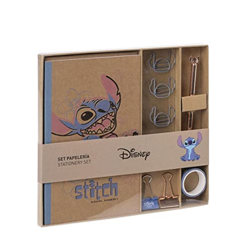 CERDÁ LIFE'S LITTLE MOMENTS - Zestaw przyborów piśmienniczych Stitch zeszyt A5 Kraft - 21 x 13 cm - czarny długopis z metalu, taśma klejąca, 1 klips z figurkami + 2 metalowe klipsy