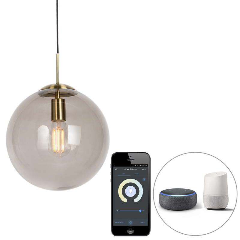 QAZQA Inteligentna lampa wisząca z mosiądzu z przydymionym szkłem 30 cm z Wifi ST64 - Kula