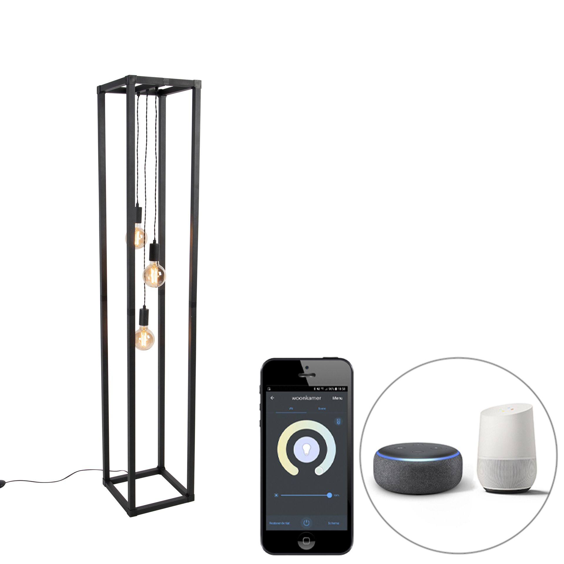 QAZQA Inteligentna lampa podłogowa czarna 3-punktowa z Wifi G95 - Big Cage