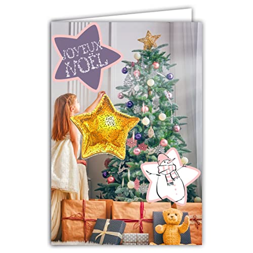 Afie 61-6045 Kartka Wesołych Świąt z kopertą i kolażem RELIEF Gold Star Balon błyszczący błyszczący dekorowanie choinki prezenty misia bałwan mała dziewczynka