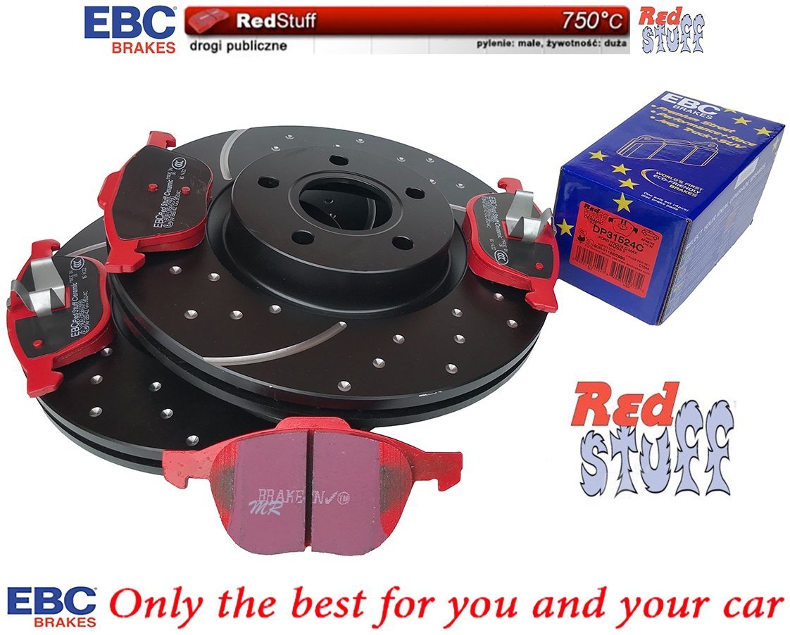 Przednie CERAMICZNE klocki RedStuff + NAWIERCANE NACINANE tarcze hamulcowe 300mm EBC seria GD Ford Kuga FWD 2013-2019