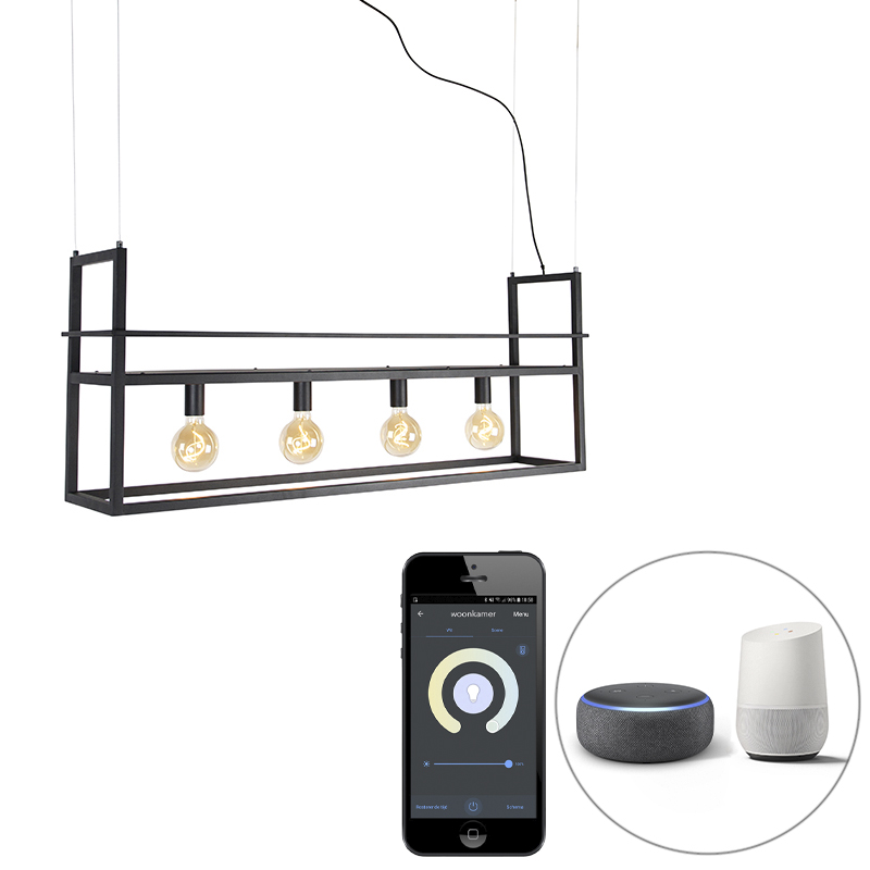 QAZQA Inteligentna lampa wisząca czarna z dużym stojakiem 4-punktowym z Wifi G95 - Cage Rack