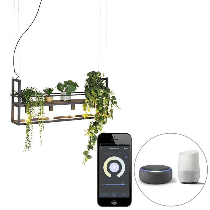 QAZQA Inteligentna lampa wisząca czarna z drewnem i stojakiem 4-punktowym  w tym Wifi A60 - Cage Rack