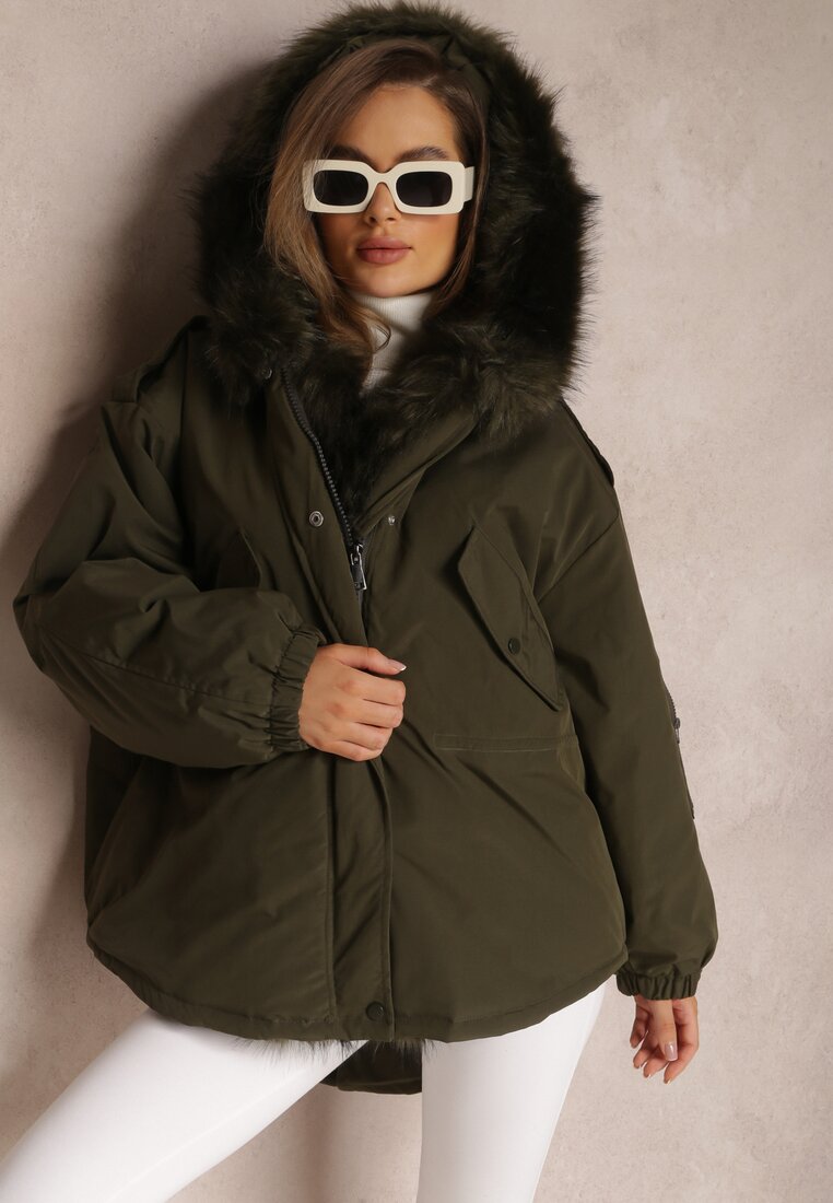 Ciemnozielona Kurtka Parka Oversize z Futerkiem Horelle