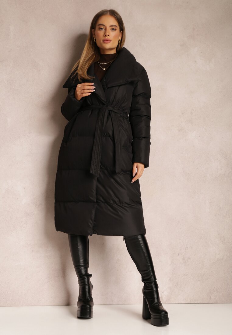 Czarna Kurtka Długa Pikowana z Wiązanym Paskiem Medguistl