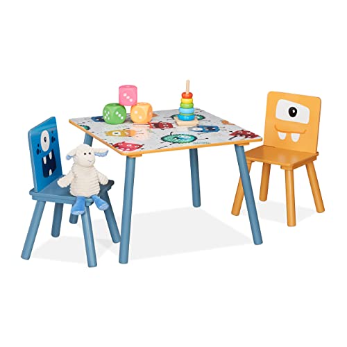 Relaxdays Zestaw mebli do siedzenia dla dzieci, stół dziecięcy z 2 krzesłami, dla dziewcząt i chłopców, płyta MDF i drewno, narożnik do siedzenia do pokoju dziecięcego, kolorowy