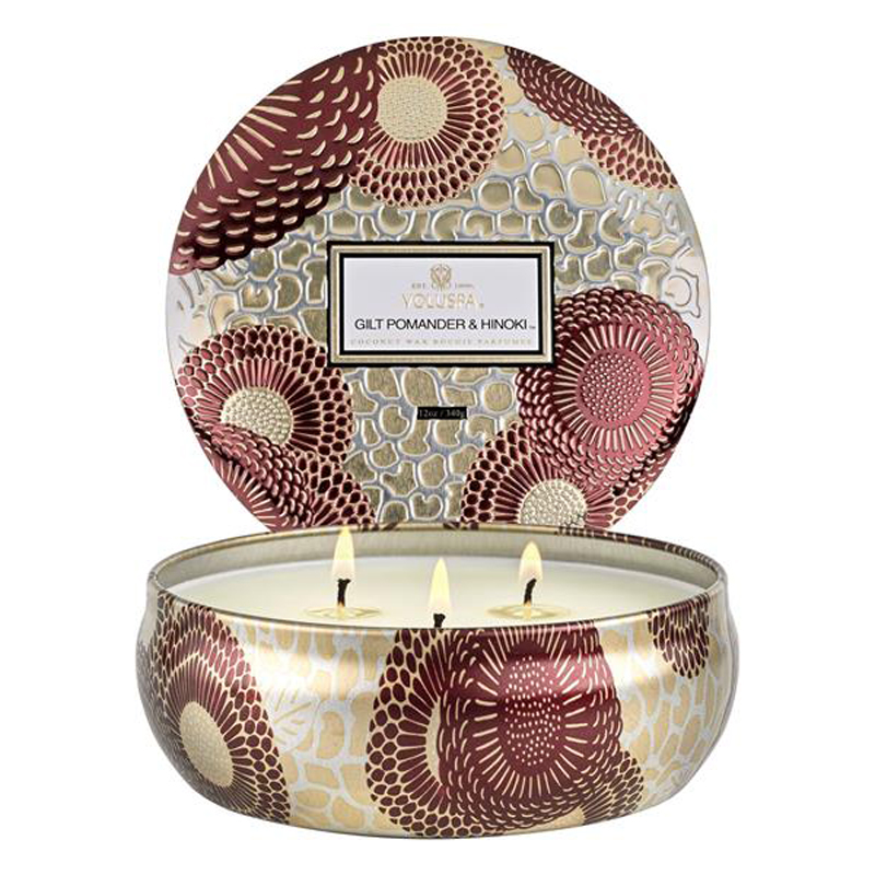 Voluspa 3-wick Candle in Decorative Tin Gilt Pomander & Hinoki 40tim