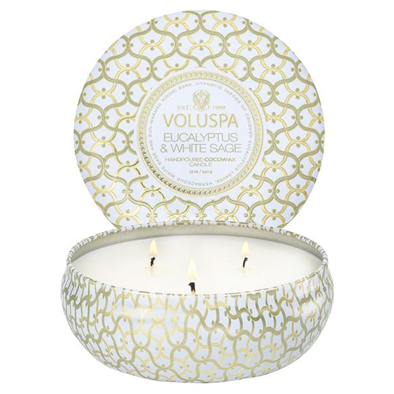 Voluspa 3-Wick Tin Candle Eucalyptus & White Sage 40h
