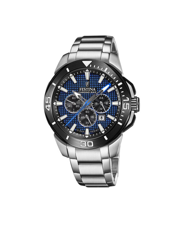 Festina Męski analogowy zegarek kwarcowy z bransoletką ze stali szlachetnej F20641/2, srebrno-czarno-niebieski, Bransoletka