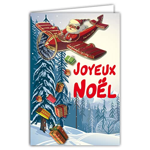 Afie 61-6035 Kartka Wesołych Świąt z kopertą i kolażem RELIEF Red Santa Aviator w złotym kolorze błyszczącego błyszczącego błyszczące prezenty spadające z nieba w śniegu las jodła