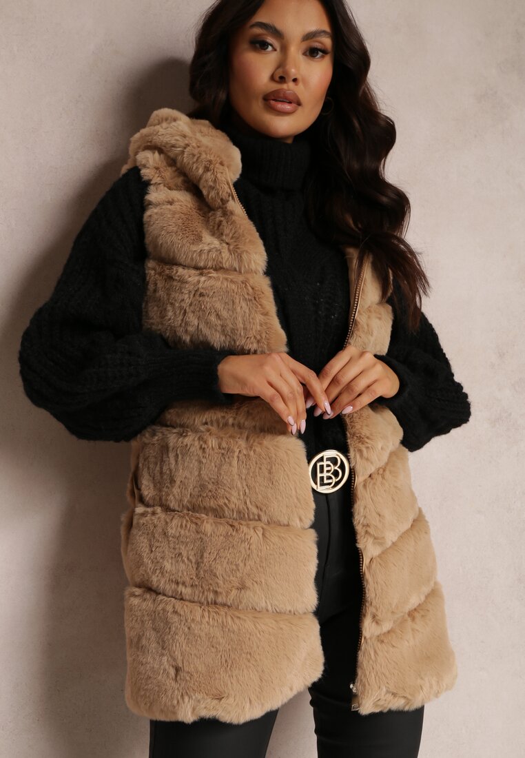 Beżowa Kamizelka Futrzana z Kapturem Nedelcu