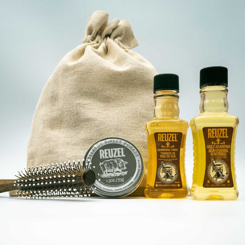 Zestaw do stylizacji włosów - Reuzel extreme Pomade, grooming tonic i szampon oraz roller do włosów ZEW