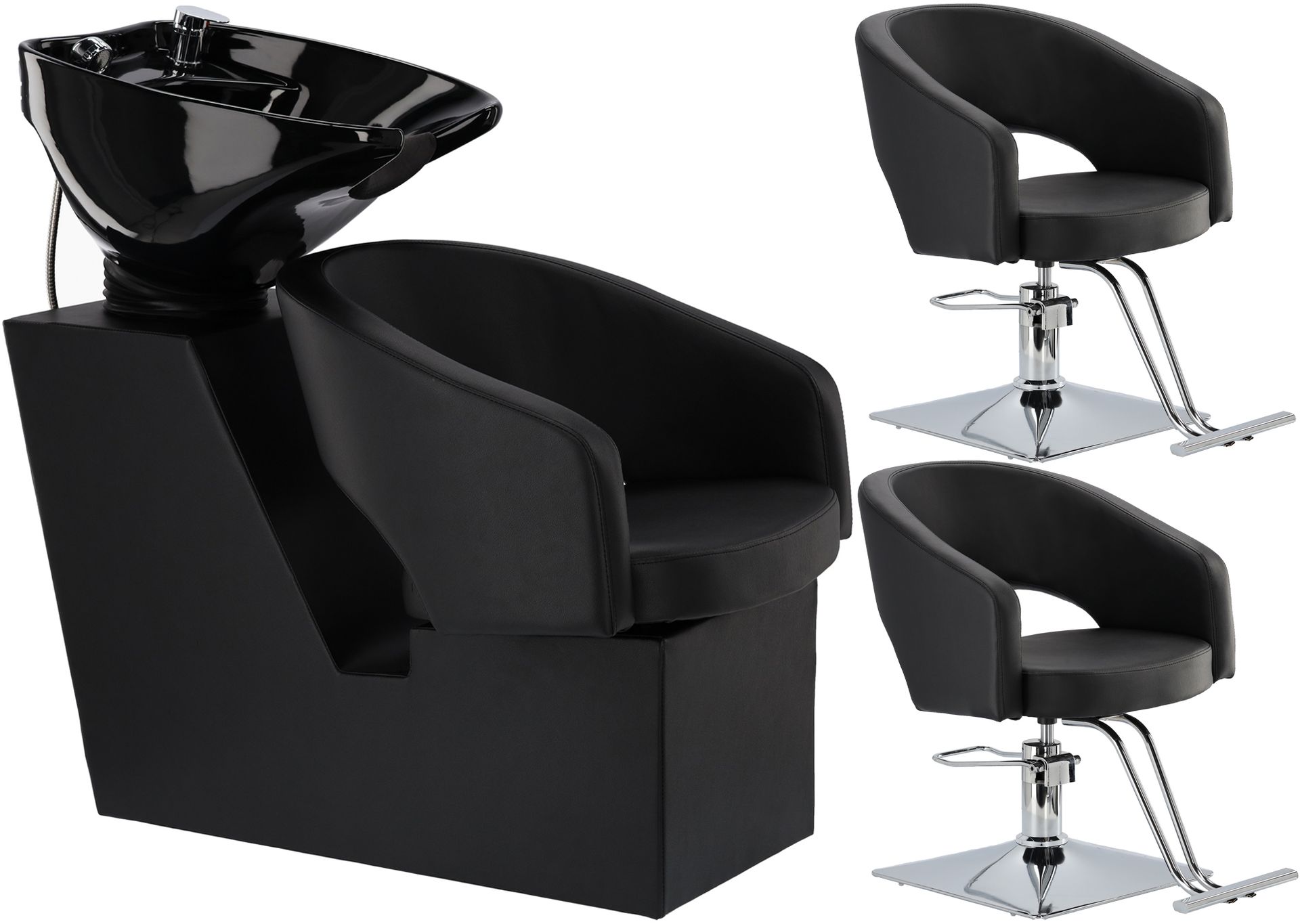 Greta Black Zestaw myjnia fryzjerska i 2 x fotel fryzjerski hydrauliczny obrotowy podnóżek do salonu fryzjerskiego myjka ruchoma misa ceramiczna armatura bateria słuchawka