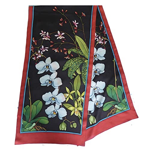 H DUPONT Długi szalik 100% jedwab zaciśnięty czarny 180 X 43 CM Orchidee