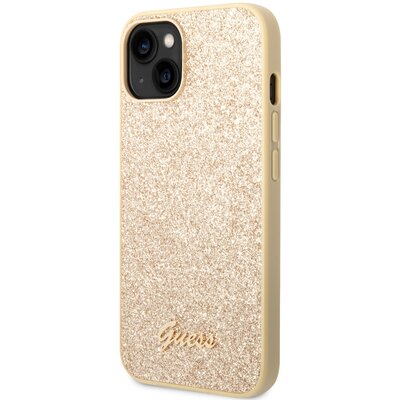 Etui Guess Glitter Flakes Metal Logo na Apple iPhone 14 Plus GUHCP14MHGGSHD Złoty