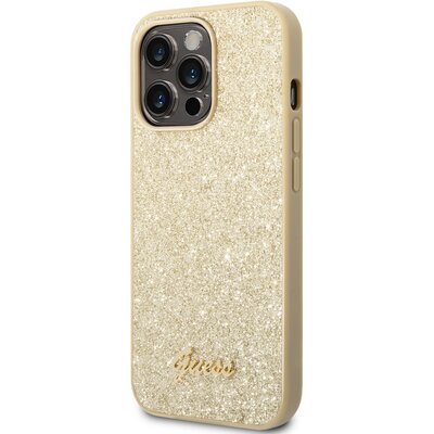 Etui Guess Glitter Flakes Metal Logo na Apple iPhone 14 Pro Max GUHCP14XHGGSHD Złoty
