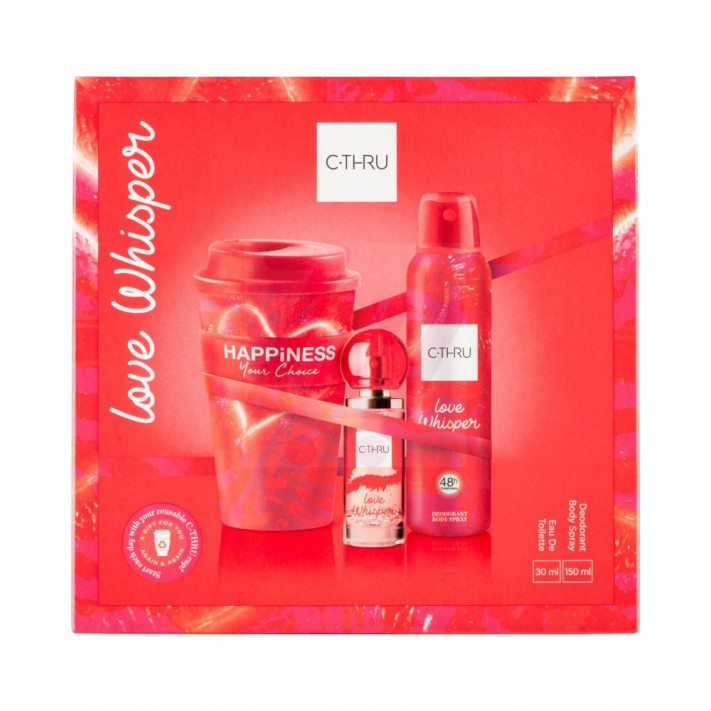 C-THRU Zestaw prezentowy dla kobiet LOVE WHISPER, woda toaletowa w sprayu 30 ml + dezodorant 150 ml + kubek