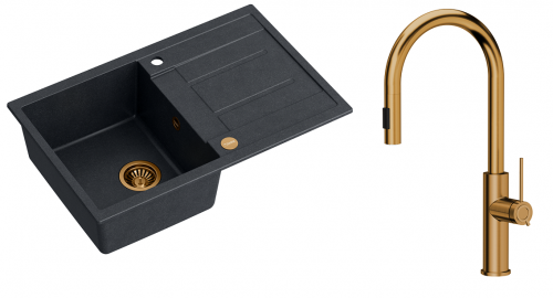 Quadron Zlewozmywak granitowy jednokomorowy 78*50*22 cm z ociekaczem MORGAN 111 BLACK DIAMOND z miedzianym odpływem z baterią JENNIFER Q LINE SLIM z wyciąganą wylewką i funkcją prysznica kolor miedziany