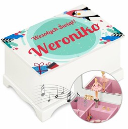 Szkatułka drewniana z pozytywką i nadrukiem dla dziewczynki na święta