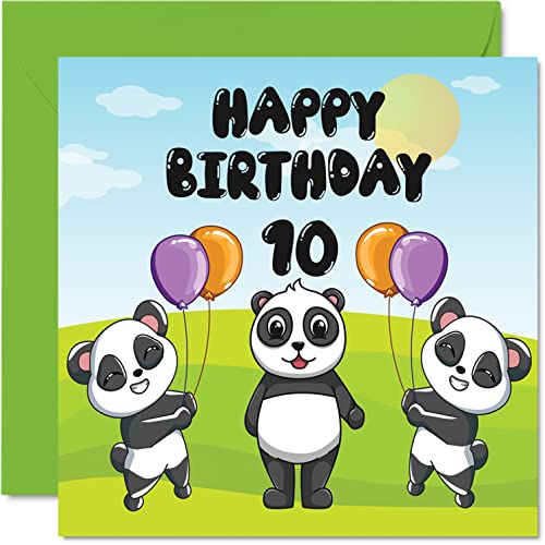Kartka na 10. urodziny unisex - impreza panda - kartka urodzinowa 10 lat, 145 mm x 145 mm urocza kartka z życzeniami dla syna, córki, brata, siostry, wnuka, siostrzenicy, bratanka kuzyna