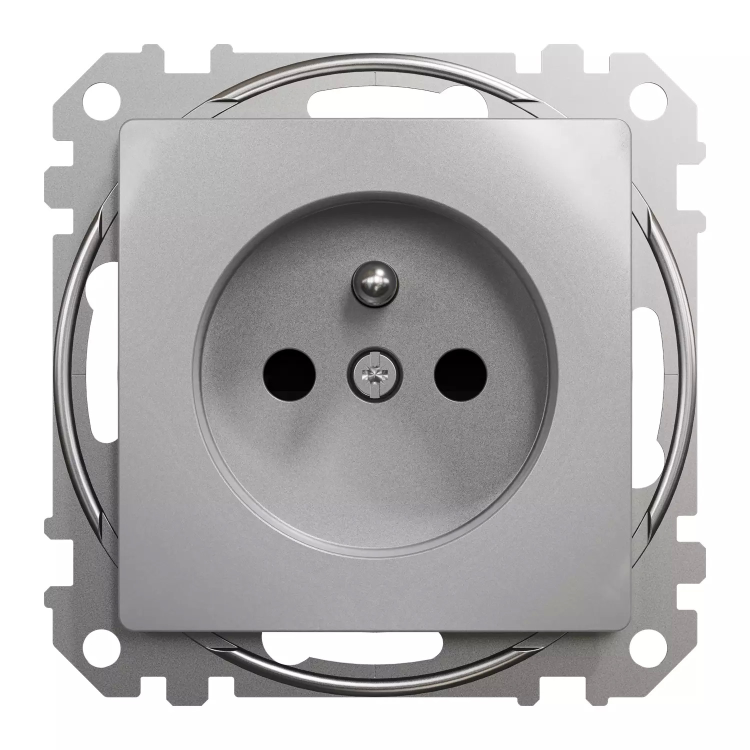Gniazdo pojedyncze z uziemieniem Schneider Sedna Design SDD113012 z przesłonami zaciski bezgwintowe srebrne aluminium Design  Elements