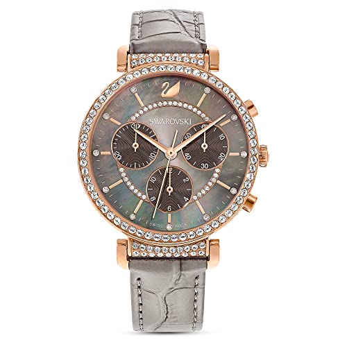 Swarovski Zegarek Passage Chrono, Swiss Made, Skórzany pasek, Szary, Powłoka w odcieniu różowego złota