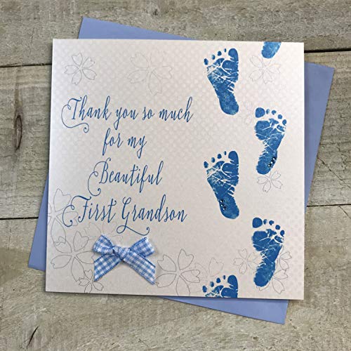 'Welcome to my 1st Grandson' ręcznie robiona karta dla niemowląt - niebieskie ślady stóp od WHITE BAWEŁNA CARDS WB300-MY