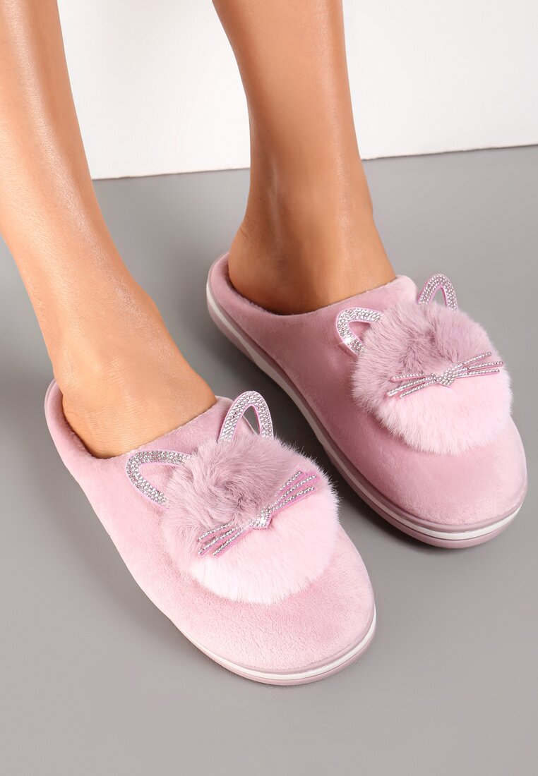Różowe Kapcie Futrzane z Kotkiem Leze