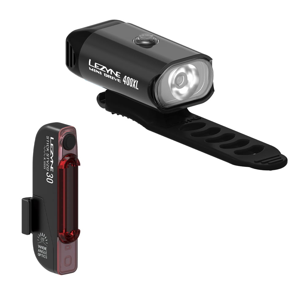 Zestaw lampki LEZYNE MINI DRIVE 400 przód 400 lumenów, STICK tył 30 lumenów, usb czarne (NEW 2021)
