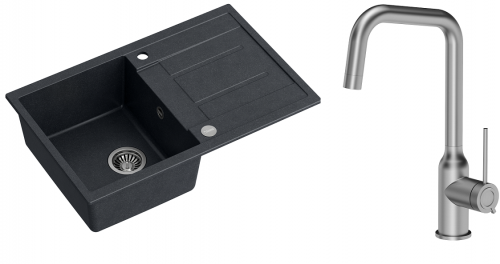 Quadron Zlewozmywak granitowy jednokomorowy 78*50*22 cm z ociekaczem MORGAN 111 BLACK DIAMOND ze stalowym odpływem z baterią NATALIE Q LINE kolor stal szczotkowana