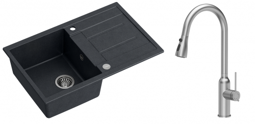 Quadron Zlewozmywak granitowy jednokomorowy 78*50*22 cm z ociekaczem MORGAN 111 BLACK DIAMOND ze stalowym odpływem z baterią JESSICA Q LINE z wyciąganą wylewką i funkcją prysznica kolor stal szczotkowana