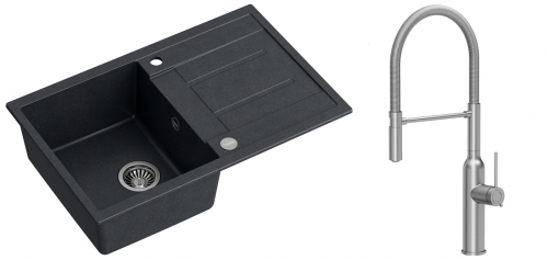 Quadron Zlewozmywak granitowy jednokomorowy 78*50*22 cm z ociekaczem MORGAN 111 BLACK DIAMOND ze stalowym odpływem z baterią MARILYN Q LINE z ruchomą wylewką kolor stal szczotkowana