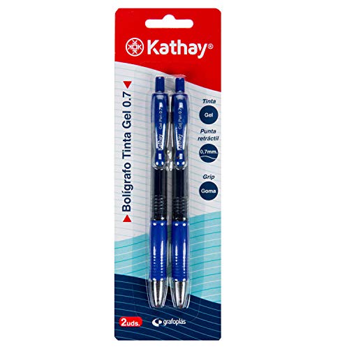 Kathay 86210530. Zestaw 2 długopisów żelowych, kolor niebieski, końcówka 0,7, zapięcie na kliknięcie, idealne jako materiał szkolny