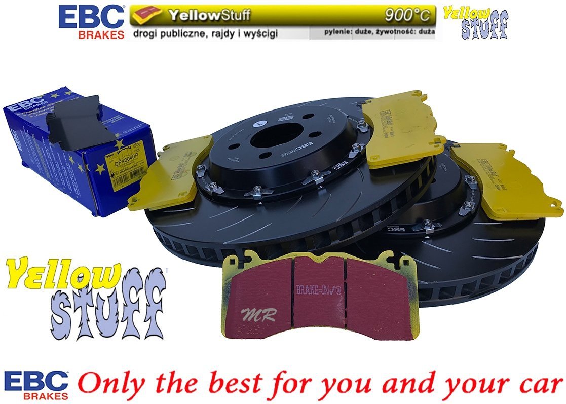 Przednie klocki YellowStuff + SPORTOWE PŁYWAJĄCE tarcze EBC seria SG Racing Ford Mustang 5,0 V8 2015-
