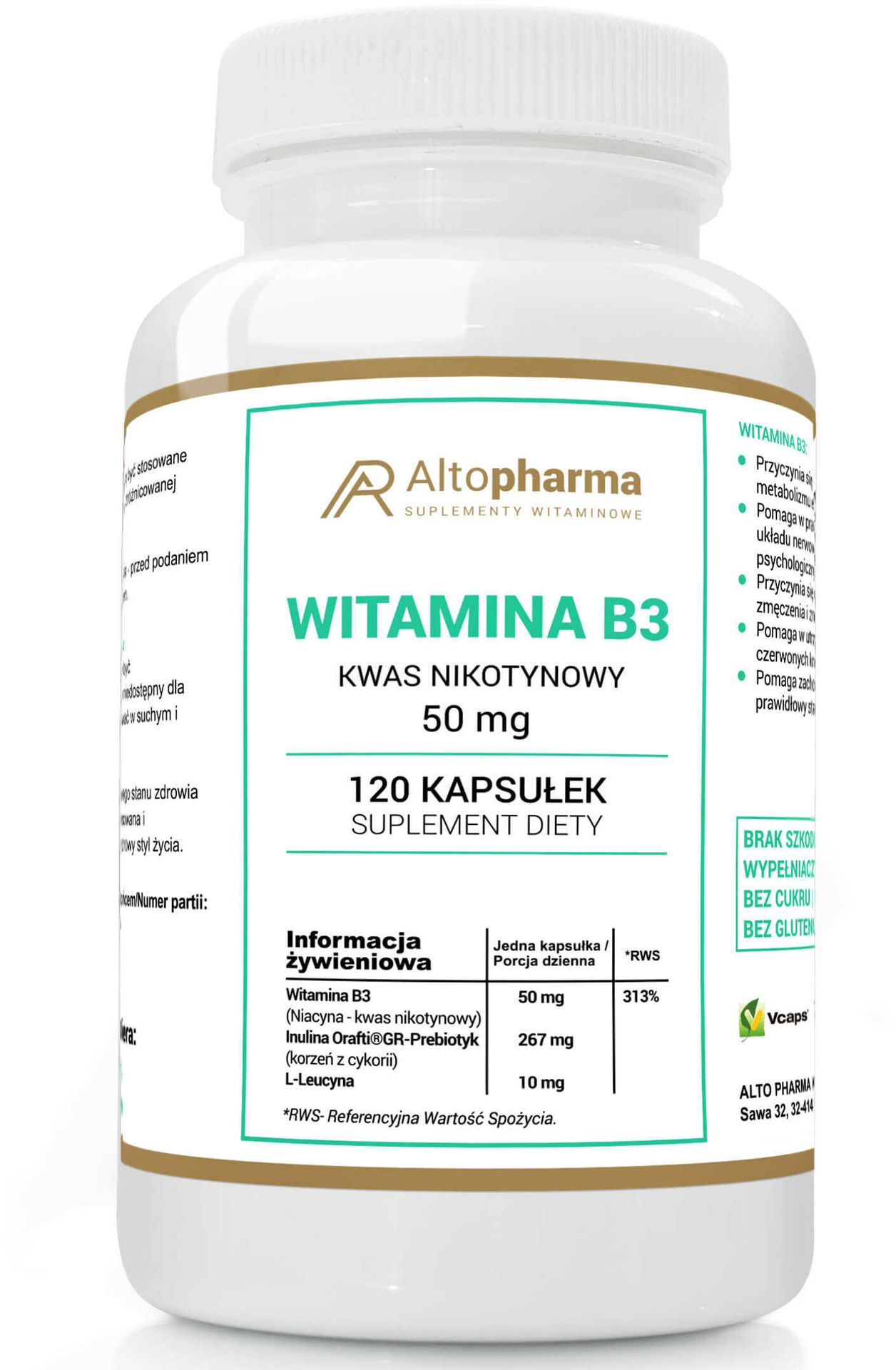 ALTO PHARMA Niacyna Witamina B3 PP 50mg (Kwas nikotynowy) 120 Kapsułek wegańskich