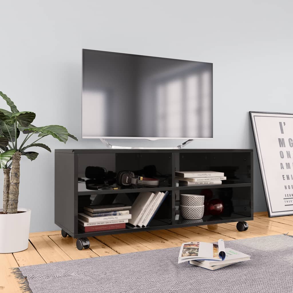 vidaXL Szafka pod TV z kółkami, wysoki połysk, czarna, 90x35x35 cm