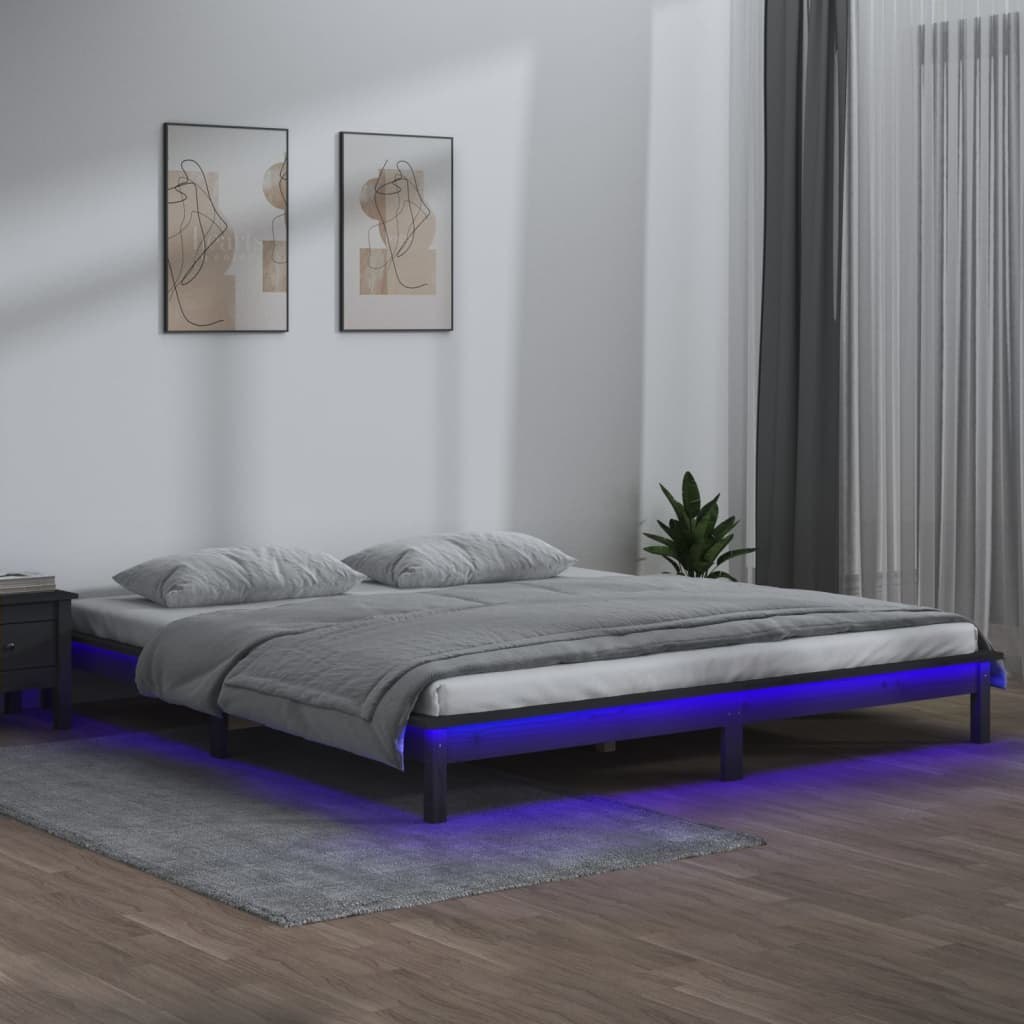 vidaXL Lumarko Rama łóżka z LED, szara, 140x190 cm, lite drewno