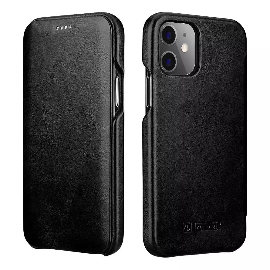 ICARER Curved Edge Vintage Folio skórzane etui pokrowiec ze skóry naturalnej iPhone 12 Pro Max czarny (RIX1202 black) - Czarny iPhone 12 Pro Max RIX1202 black