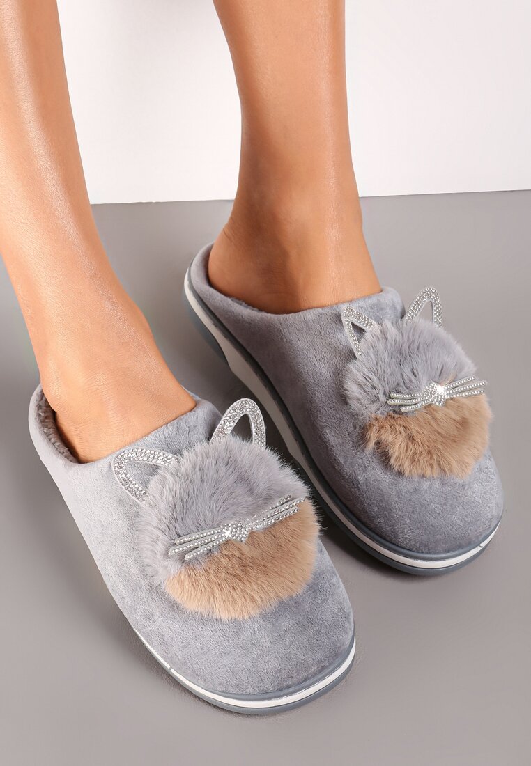 Szare Kapcie Futrzane z Kotkiem Leze