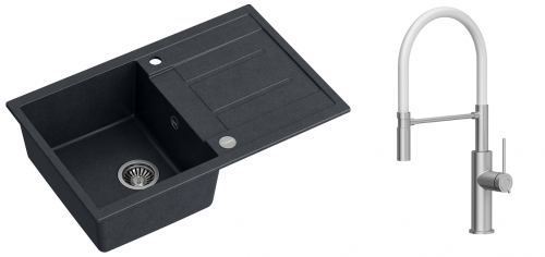 Quadron Zlewozmywak granitowy jednokomorowy 78*50*22 cm z ociekaczem MORGAN 111 BLACK DIAMOND ze stalowym odpływem z baterią GEMMA Q LINE SLIM z ruchomą wylewką kolor stal szczotkowana/biały wąż