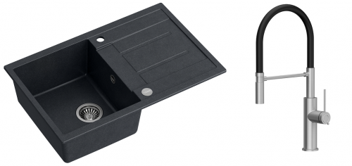 Quadron Zlewozmywak granitowy jednokomorowy 78*50*22 cm z ociekaczem MORGAN 111 BLACK DIAMOND ze stalowym odpływem z baterią GEMMA Q LINE SLIM z ruchomą wylewką kolor stal szczotkowana/czarny wąż